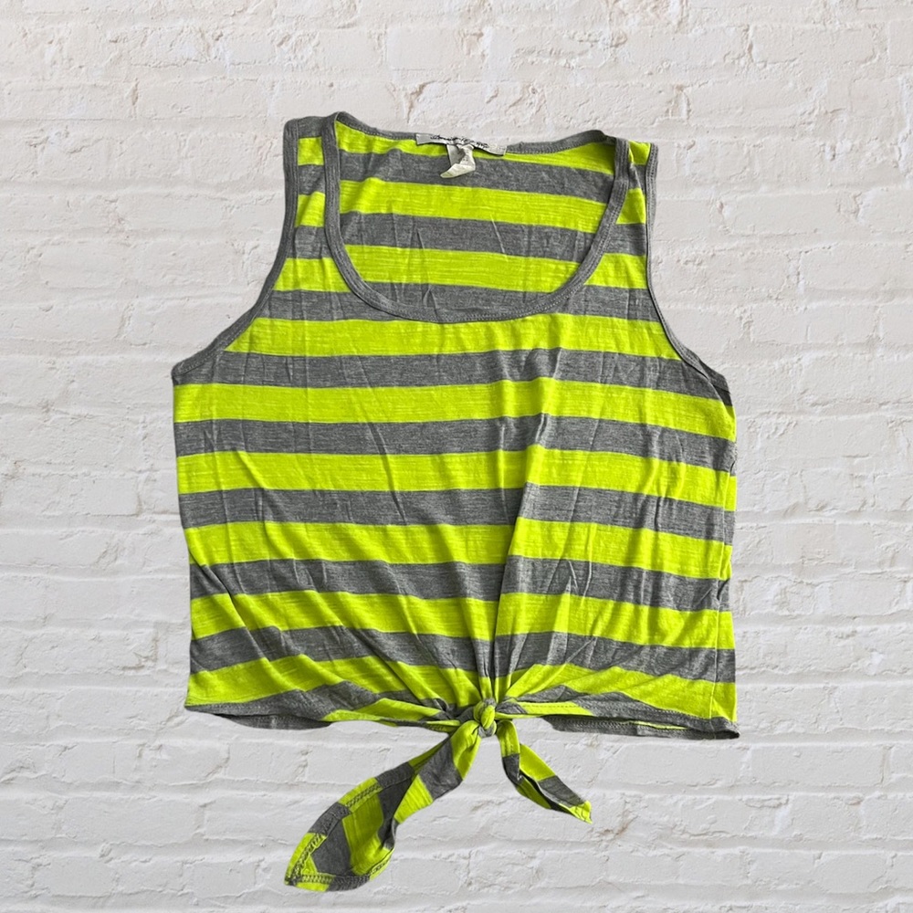 American Rag gray and neon yellow striped tie front tank top